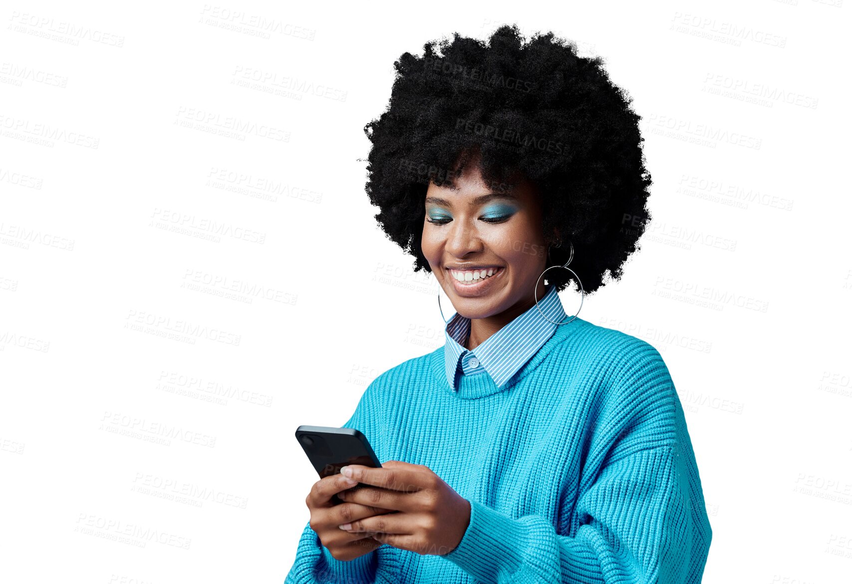 Buy stock photo Happy, typing and black woman with phone for social media on isolated, png and transparent background. Communication, networking and person on smartphone for online chatting, website or internet blog