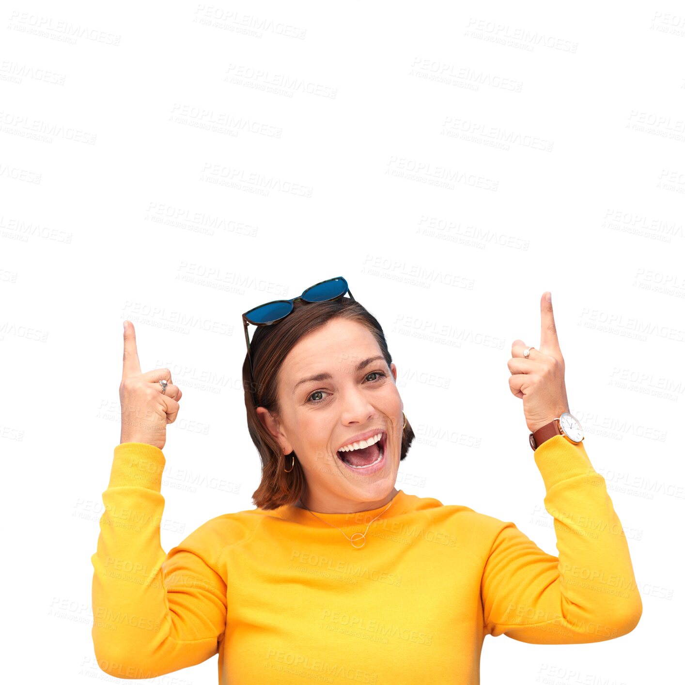 Buy stock photo Happy, fashion and excited woman portrait with pointing up to message and discount info. Choice, decision and female person with sunglasses and modern outfit isolated on transparent, png background