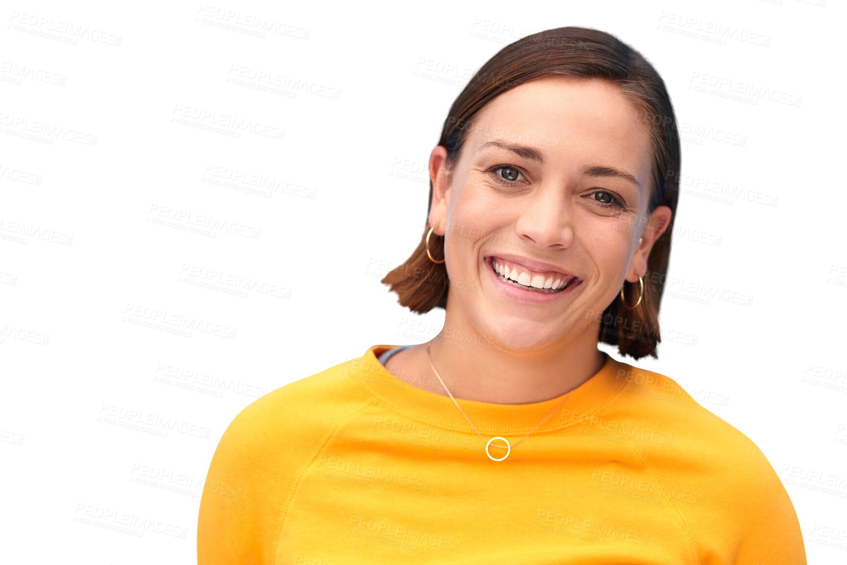 Buy stock photo Portrait, smile and woman with fashion, happiness and cheerful girl isolated on a transparent background. Face, person and model with confidence, joyful and casual outfit with style, png and positive