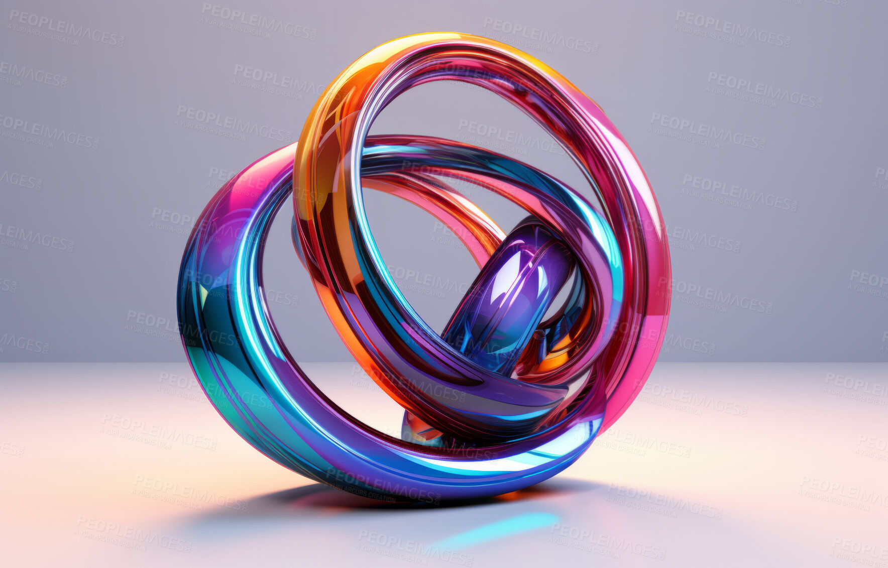 Buy stock photo Abstract, knot and iridescent coloured loop render for wallpaper, background and digital design. Colourful, vibrant and creative closeup of organic design shapes and smooth curves on a grey backdrop