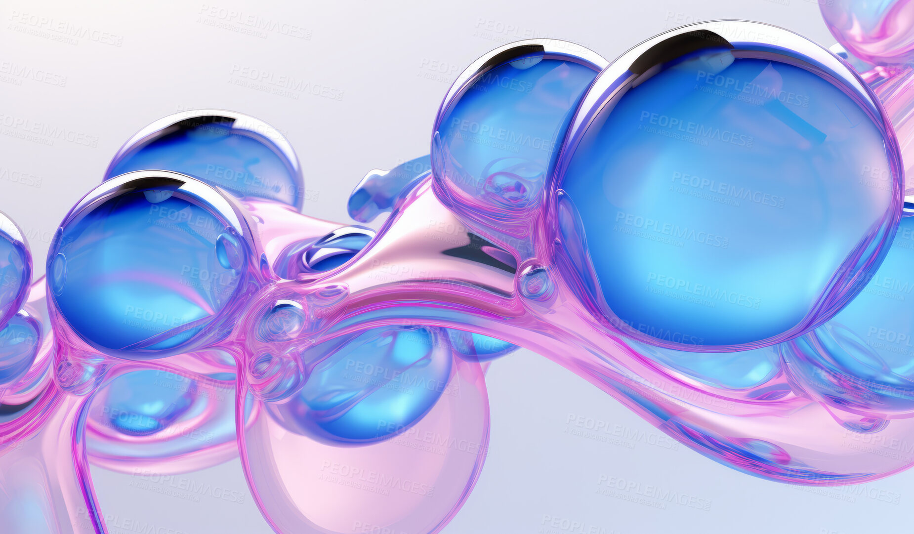 Buy stock photo Iridescent, bubble and wave flow render on a white background for design, abstract wallpaper or backdrop. Colourful, vibrant and holographic closeup of curves for science, 3d art and creativity