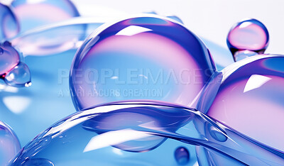 Buy stock photo Iridescent, bubble and wave flow render on a white background for design, abstract wallpaper or backdrop. Colourful, vibrant and holographic closeup of curves for science, 3d art and creativity