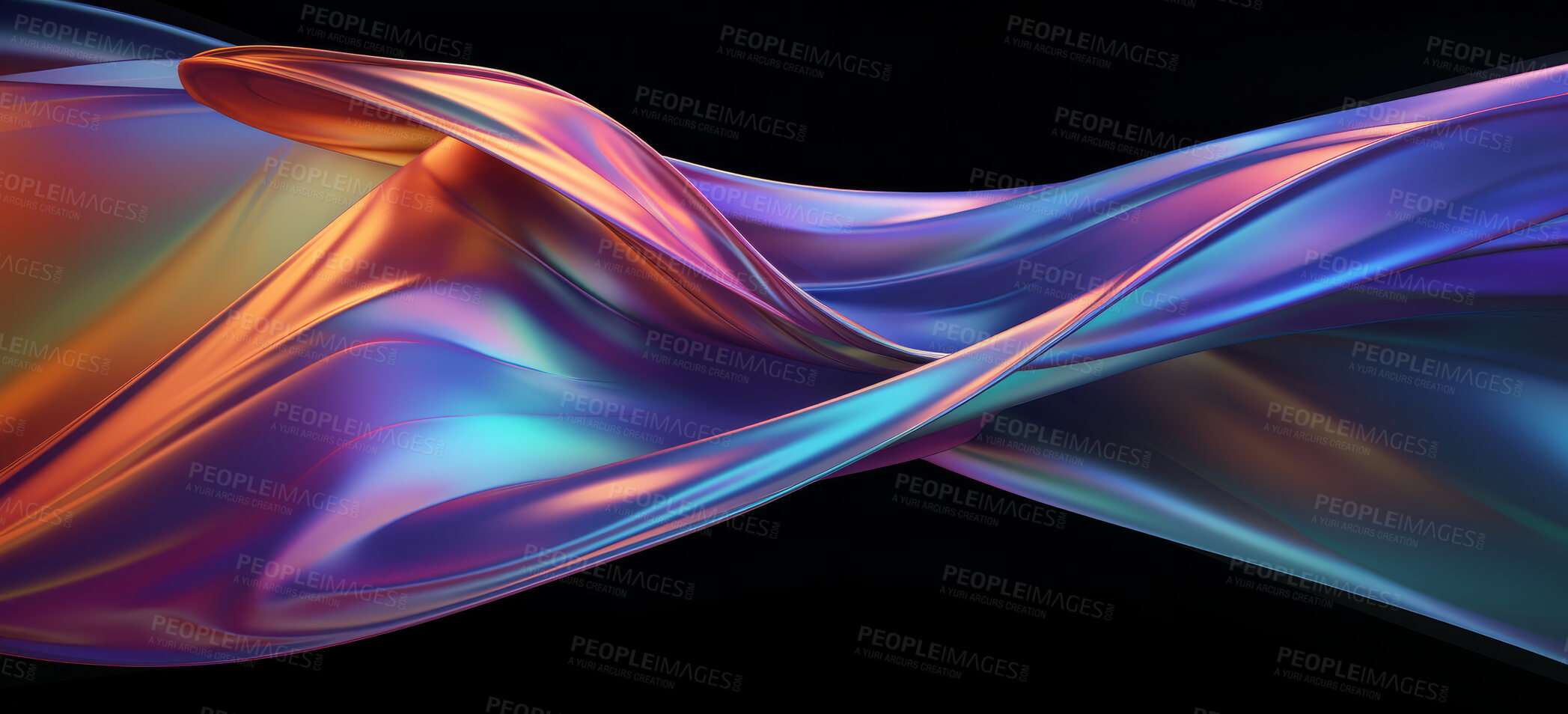 Buy stock photo Iridescent, fabric and wave flow render on a black background for design, wallpaper or backdrop. Colourful, vibrant material and holographic fluid closeup of curves graphic for science, 3d art and creativity