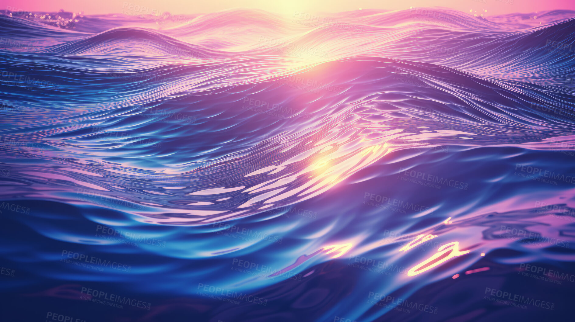 Buy stock photo Iridescent, water and wave flow render background for sustainability, ecology and eco friendly support. Colourful, liquid and vibrant holographic fluid in closeup for ocean graphic, nature and sea