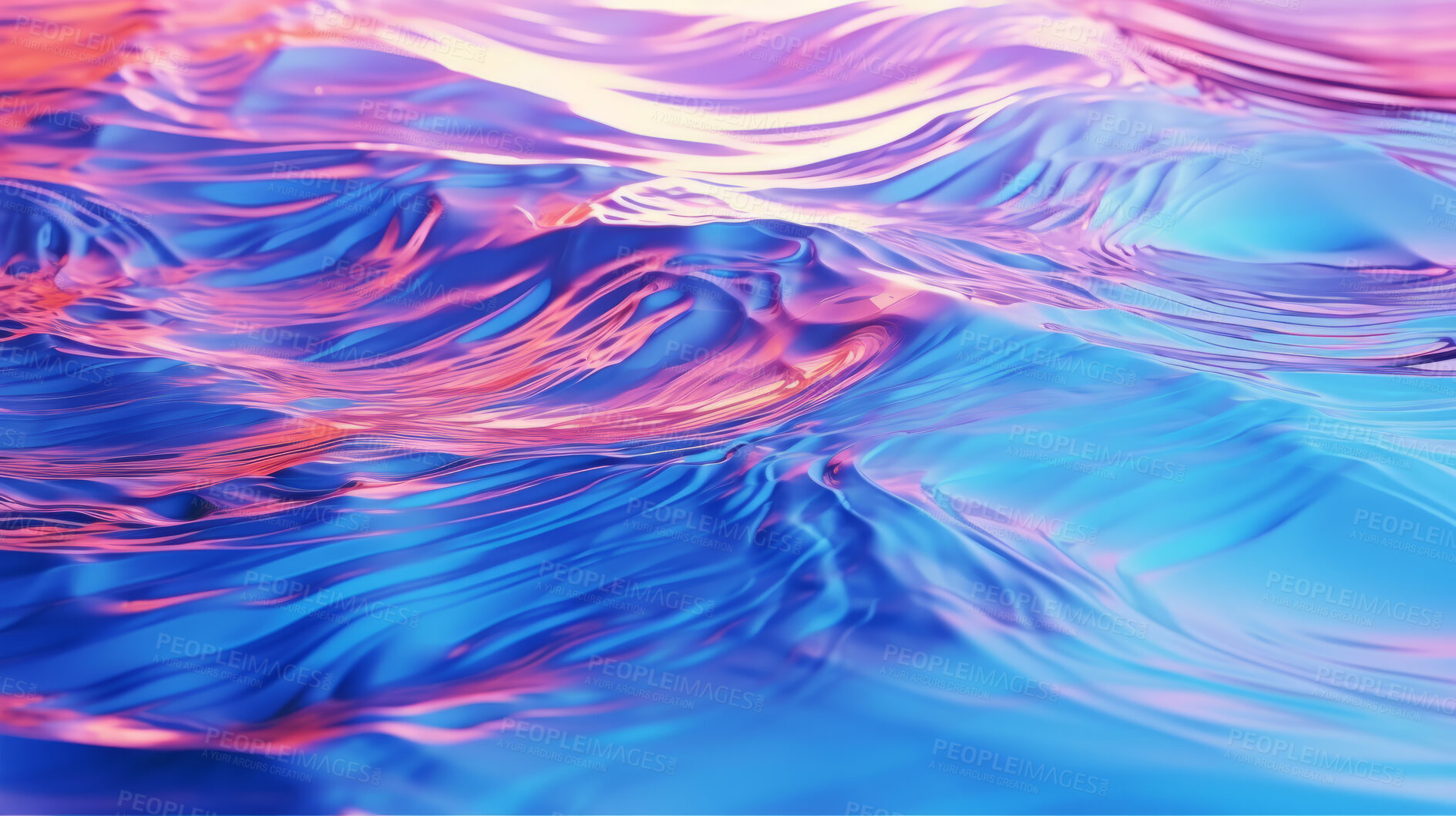 Buy stock photo Iridescent, water and wave flow render background for sustainability, ecology and eco friendly support. Colourful, liquid and vibrant holographic fluid in closeup for ocean graphic, nature and sea