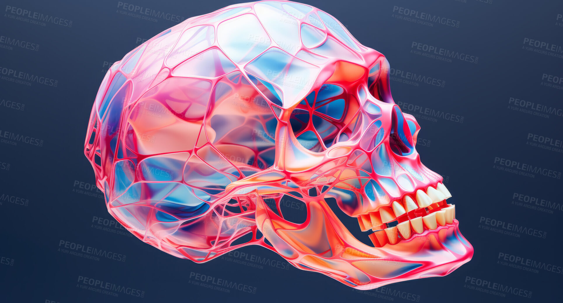 Buy stock photo Iridescent, skull and human anatomy 3d model on a black background for science, medical and design. Colourful, holographic and detailed render of a cranium structure for art, cyberpunk and neon graphic