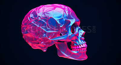 Iridescent, skull and human anatomy 3d model on a black background for science, medical and design. Colourful, holographic and detailed render of a cranium structure for art, cyberpunk and neon graphic