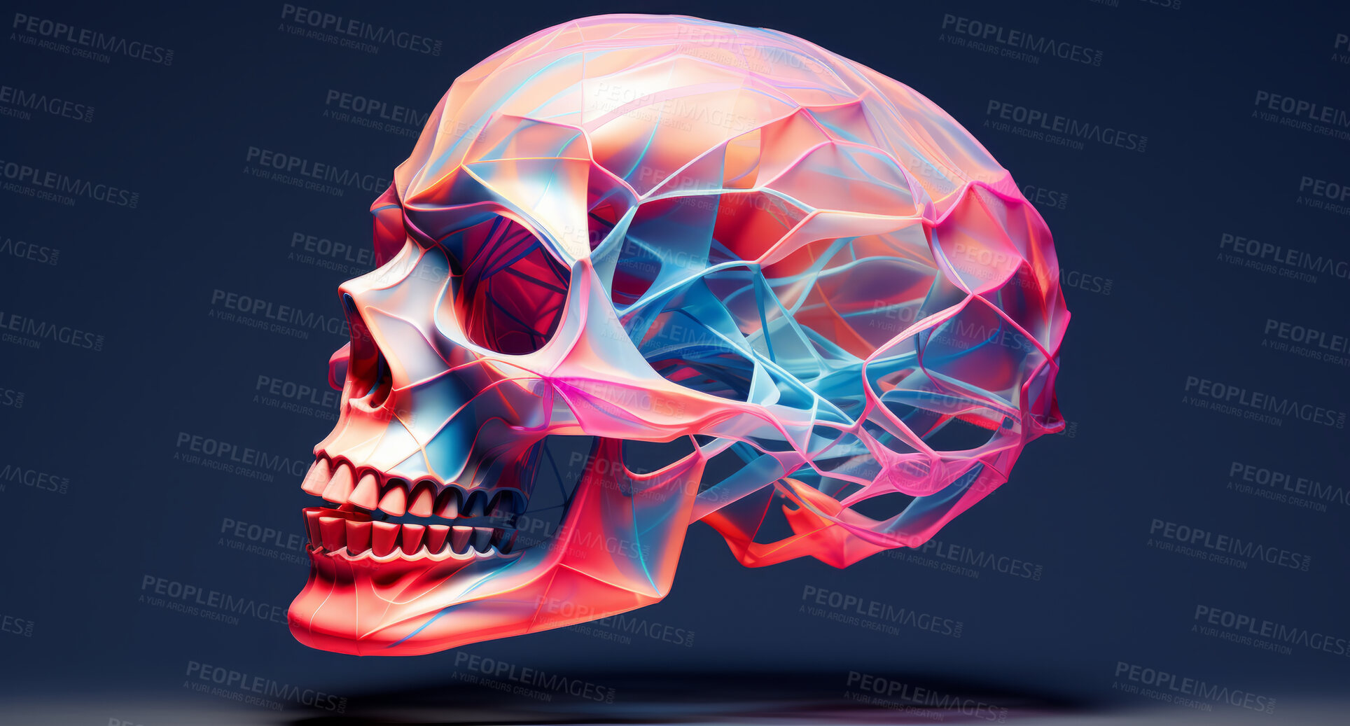 Buy stock photo Iridescent, skull and human anatomy 3d model on a black background for science, medical and design. Colourful, holographic and detailed render of a cranium structure for art, cyberpunk and neon graphic