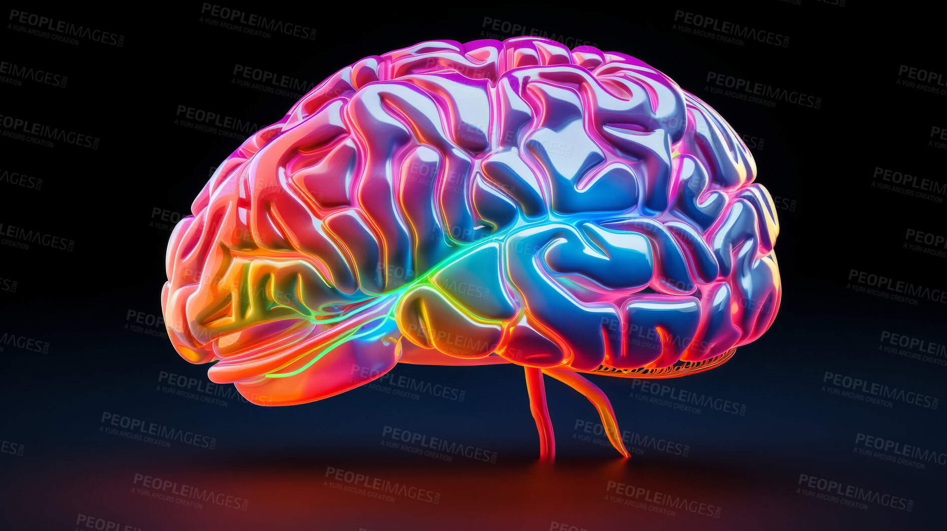 Buy stock photo Human, brain and neural network on a black background for science backdrop, design and wallpaper. Iridescent, holographic and colourful closeup of an organ for mental health, medical and 3d model