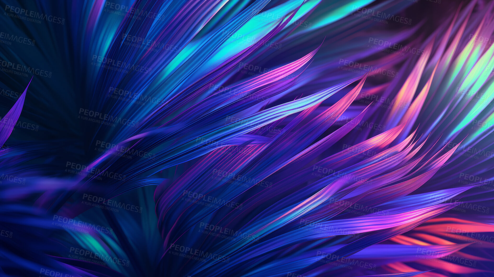 Buy stock photo Natural, palm leaves and tropical iridescent plants shape background for wallpaper, design and backdrop. Colourful, holographic and futuristic closeup 3d render of foliage for creativity and graphics