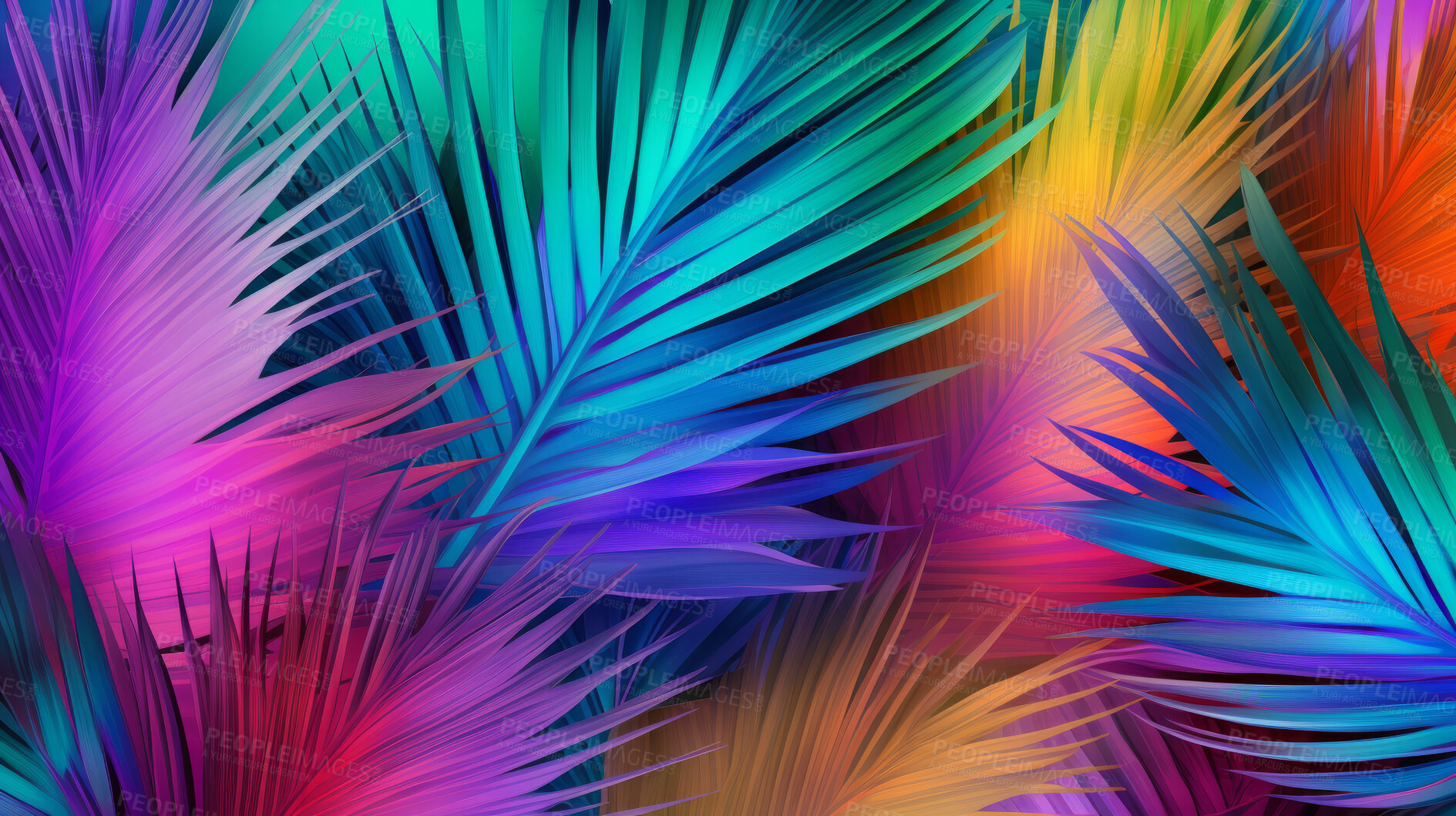 Buy stock photo Natural, palm leaves and tropical iridescent plants shape background for wallpaper, design and backdrop. Colourful, holographic and futuristic closeup 3d render of foliage for creativity and graphics