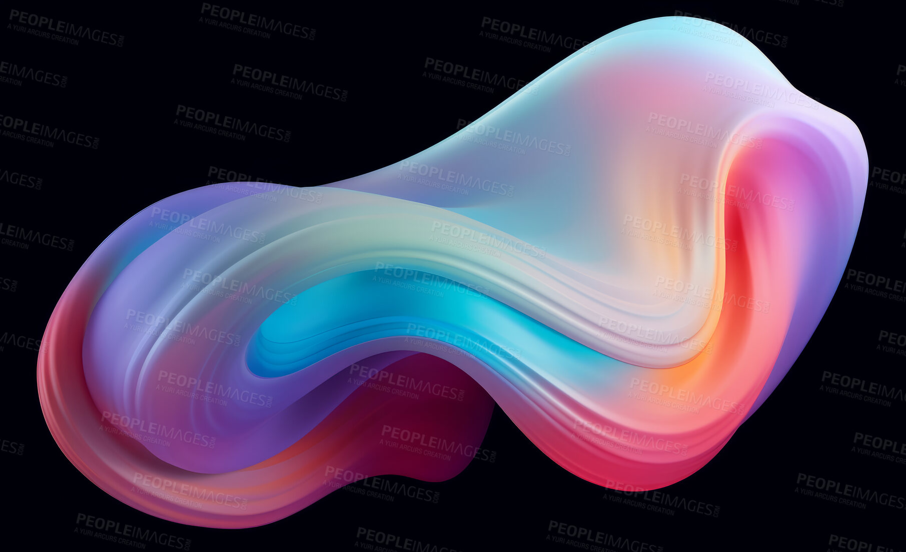 Buy stock photo Iridescent, fabric and wave flow render on a black background for design, wallpaper or backdrop. Colourful, vibrant material and holographic fluid closeup of curves graphic for science, 3d art and creativity