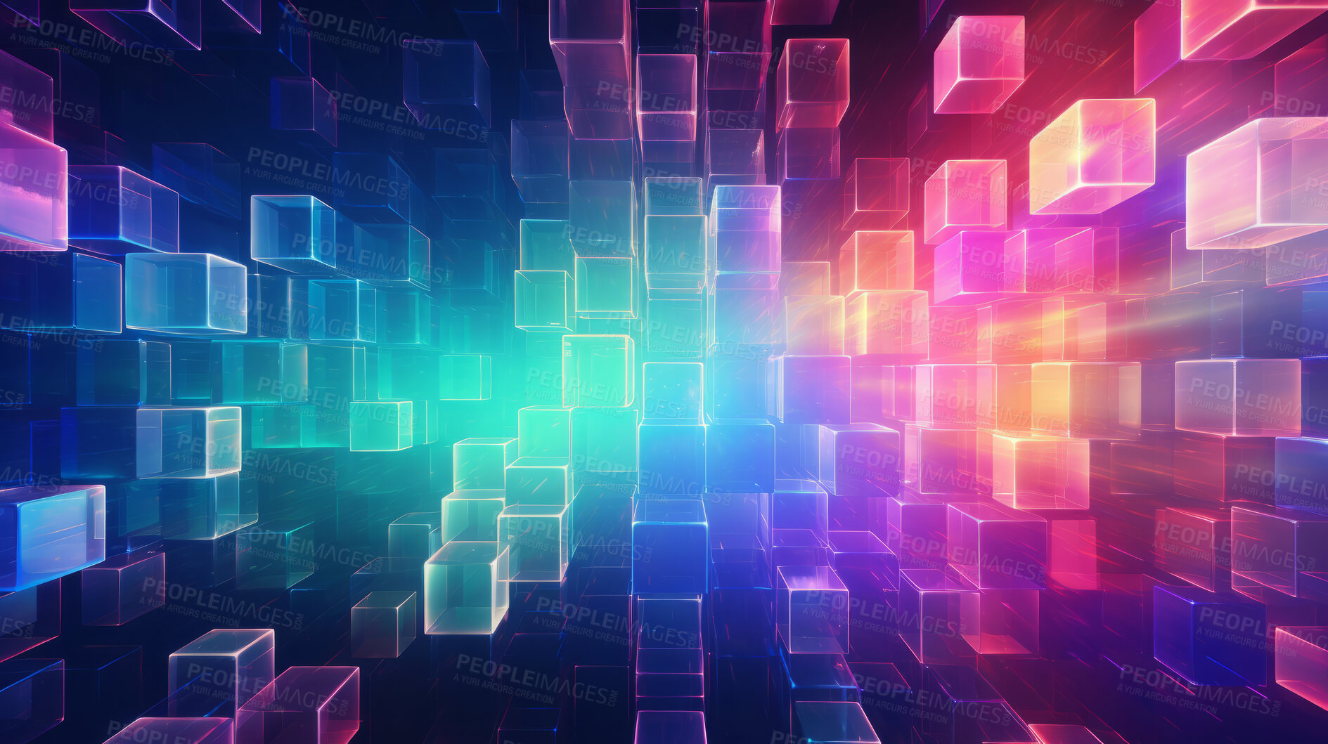 Buy stock photo Abstract, crystal and iridescent coloured squares render for wallpaper, background and digital design. Colourful,  transparent and creative closeup of geometric design shapes for cyber punk style