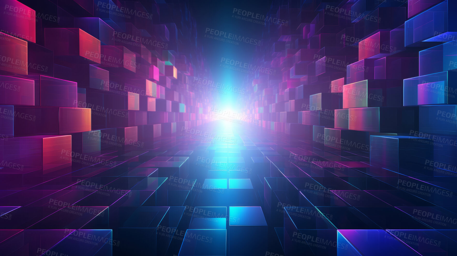 Buy stock photo Abstract, crystal and iridescent coloured squares render for wallpaper, background and digital design. Colourful,  transparent and creative closeup of geometric design shapes for cyber punk style