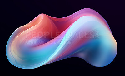 Buy stock photo Iridescent, fabric and wave flow render on a black background for design, wallpaper or backdrop. Colourful, vibrant material and holographic fluid closeup of curves graphic for science, 3d art and creativity