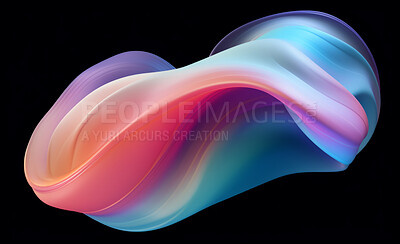 Iridescent, fabric and wave flow render on a black background for design, wallpaper or backdrop. Colourful, vibrant material and holographic fluid closeup of curves graphic for science, 3d art and creativity