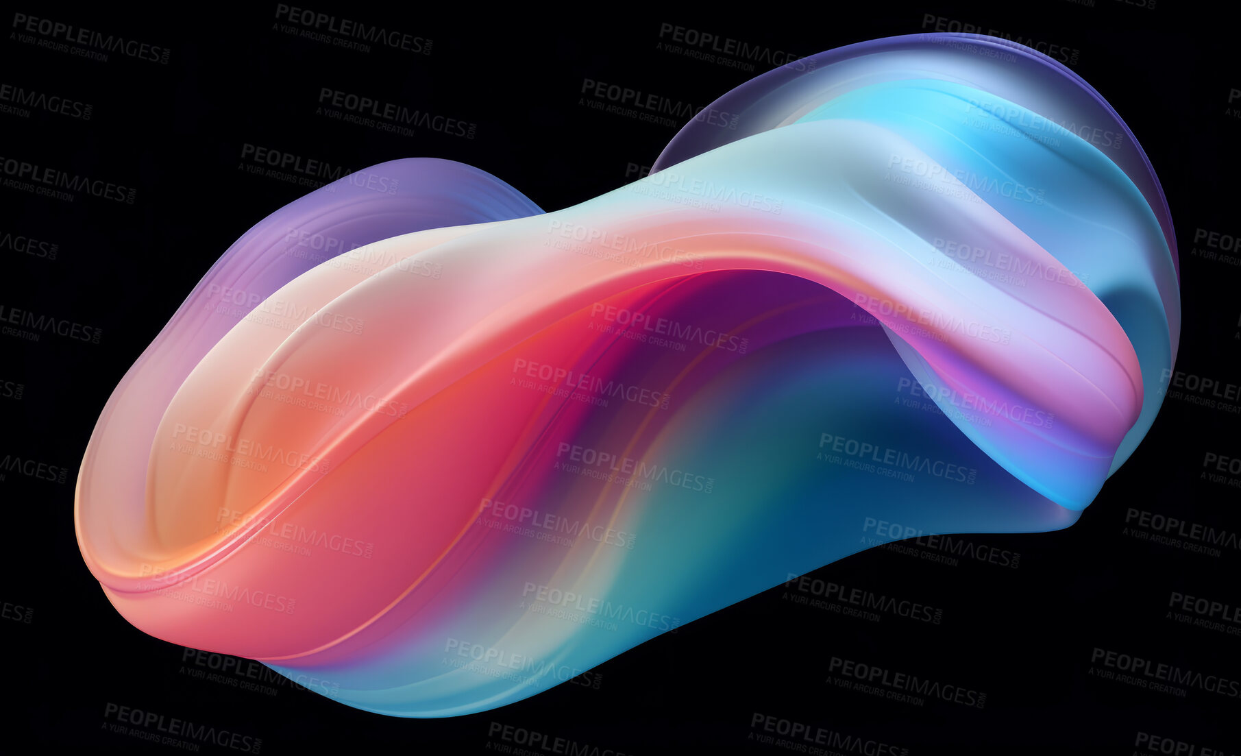 Buy stock photo Iridescent, fabric and wave flow render on a black background for design, wallpaper or backdrop. Colourful, vibrant material and holographic fluid closeup of curves graphic for science, 3d art and creativity