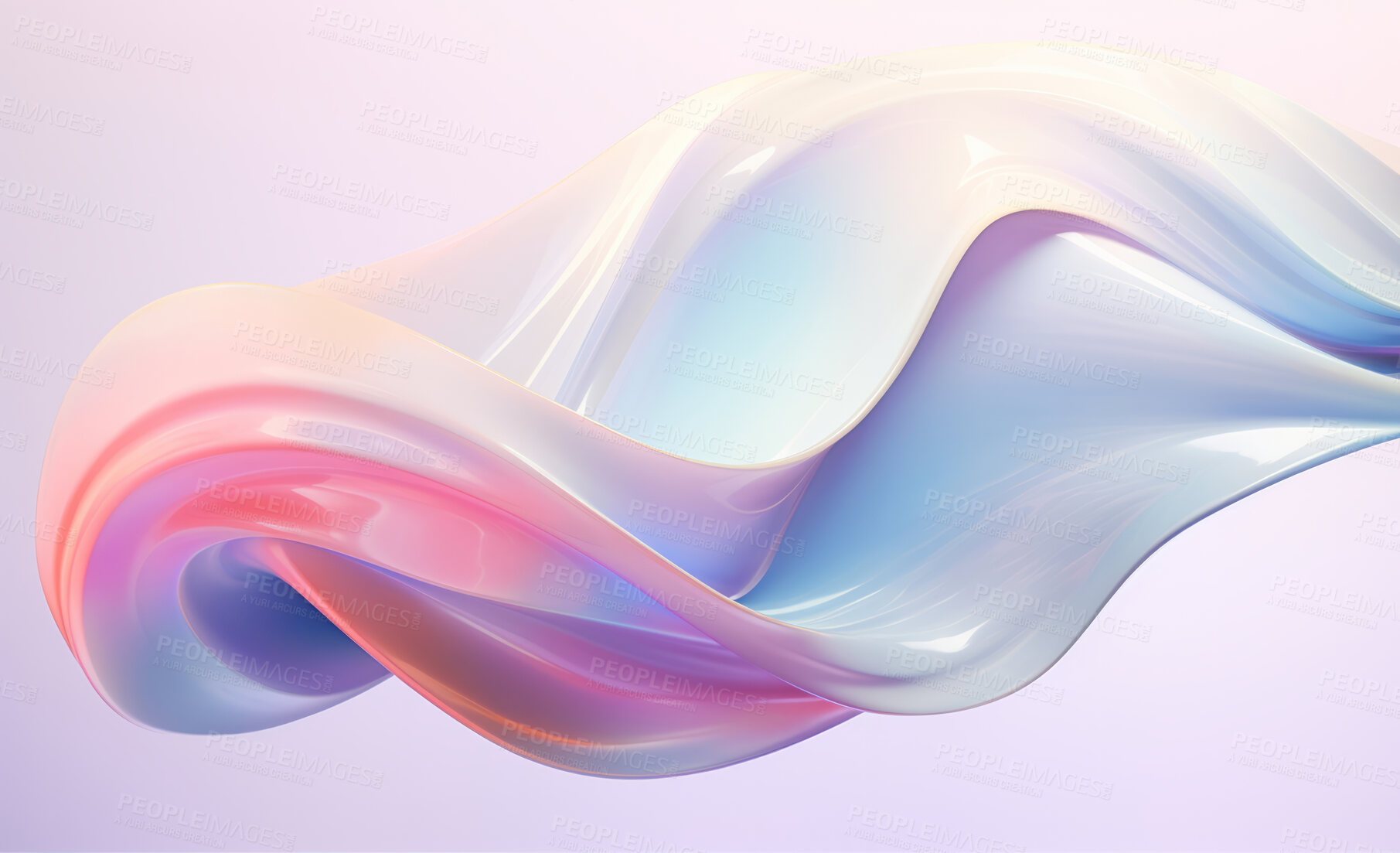 Buy stock photo Iridescent, fabric and wave flow render on a white background for design, wallpaper or backdrop. Colourful, vibrant material and holographic fluid closeup of curves graphic for science, 3d art and creativity