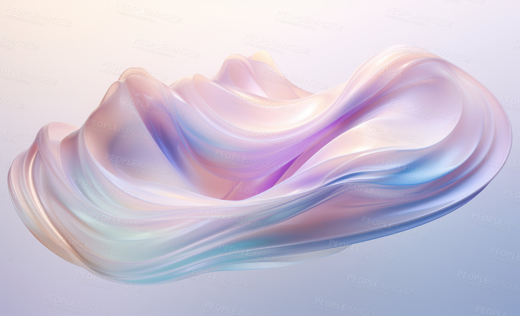 Buy stock photo Iridescent, fabric and wave flow render on a white background for design, wallpaper or backdrop. Colourful, vibrant material and holographic fluid closeup of curves graphic for science, 3d art and creativity