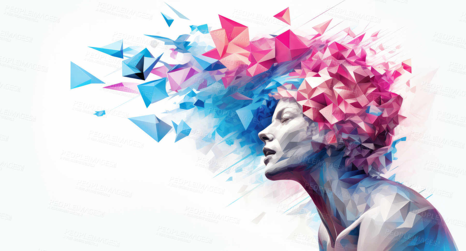 Buy stock photo Poly, abstract and digital woman face on a white background for design, 3D render or art. Face, plexus design and connection points for science network, mental health and artificial intelligence
