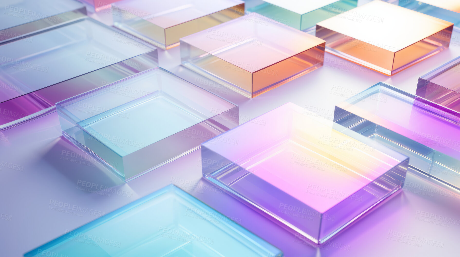 Buy stock photo Abstract, crystal and iridescent coloured squares render for wallpaper, background and digital design. Colourful blocks, transparent and creative closeup of geometric design shapes for grid printing