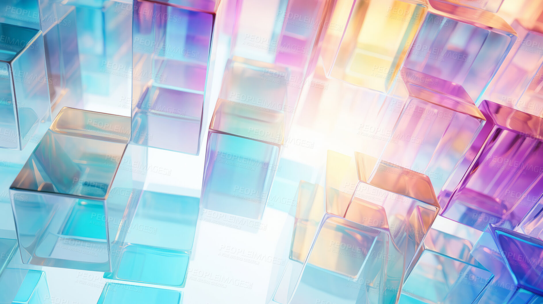 Buy stock photo Abstract, crystal and iridescent coloured squares render for wallpaper, background and digital design. Colourful blocks, transparent and creative closeup of geometric design shapes for grid printing