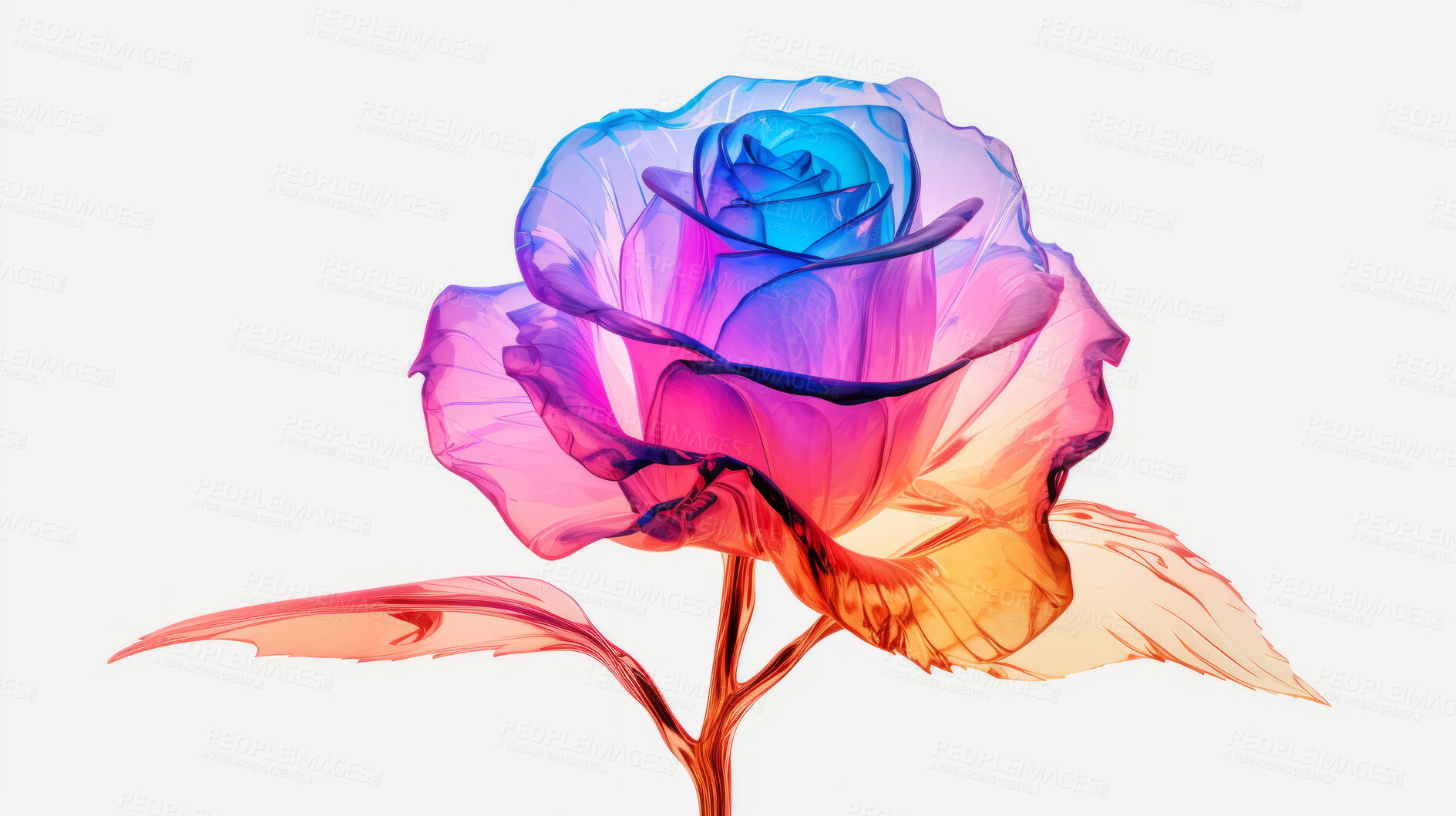 Buy stock photo Beautiful, colourful or rose flower x-ray on a white background for wallpaper, print or abstract art. Creative, vibrant and transparent closeup of a plant for science, blueprint or nature photography