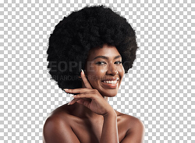 Buy stock photo Portrait, skincare and happy black woman with natural beauty on isolated, transparent or png background. Face, smile and model with cosmetic, care or dermatology results, glowing skin or wellness 