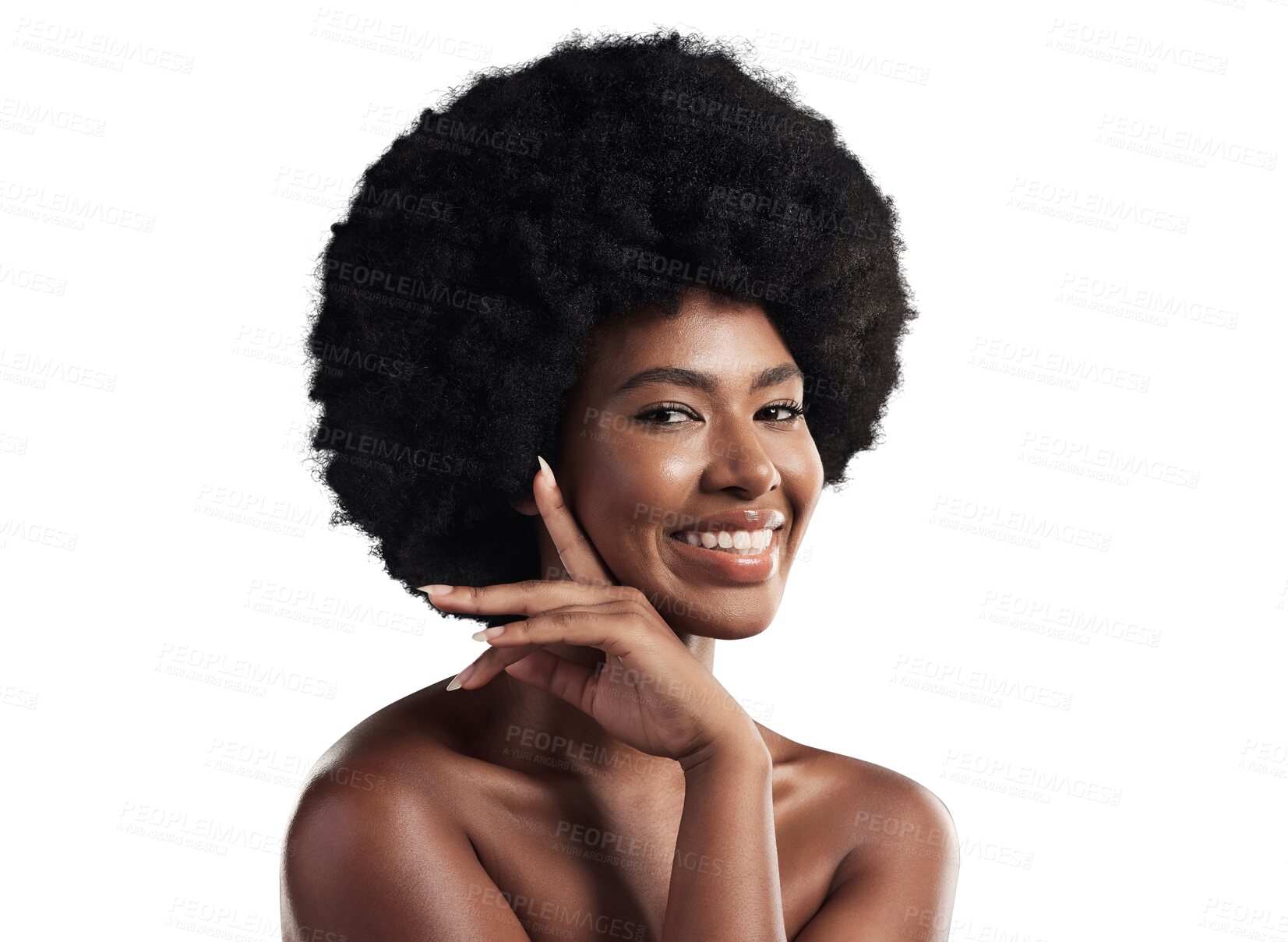 Buy stock photo Portrait, skincare and happy black woman with natural beauty on isolated, transparent or png background. Face, smile and model with cosmetic, care or dermatology results, glowing skin or wellness 