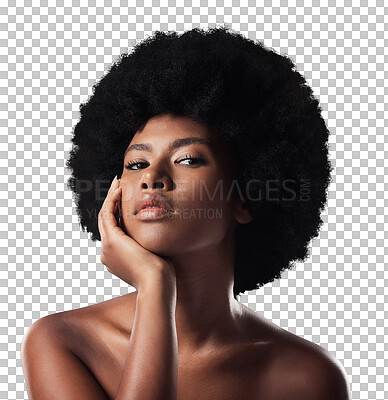 Buy stock photo Skincare, beauty and portrait of black woman with afro on isolated, png and transparent background. Hair, aesthetic and face of African person with natural texture, growth and cosmetics for wellness