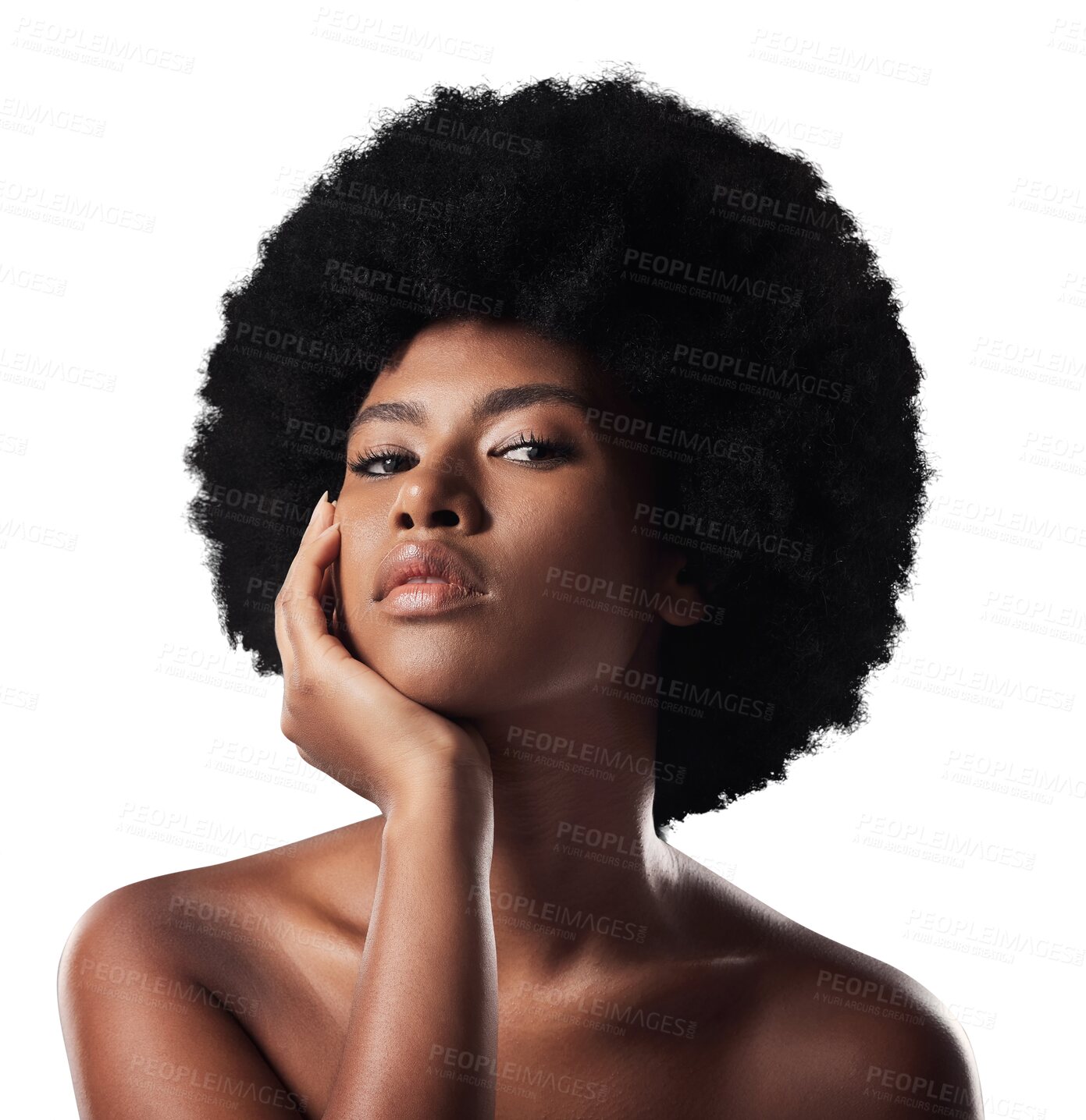 Buy stock photo Skincare, beauty and portrait of black woman with afro on isolated, png and transparent background. Hair, aesthetic and face of African person with natural texture, growth and cosmetics for wellness