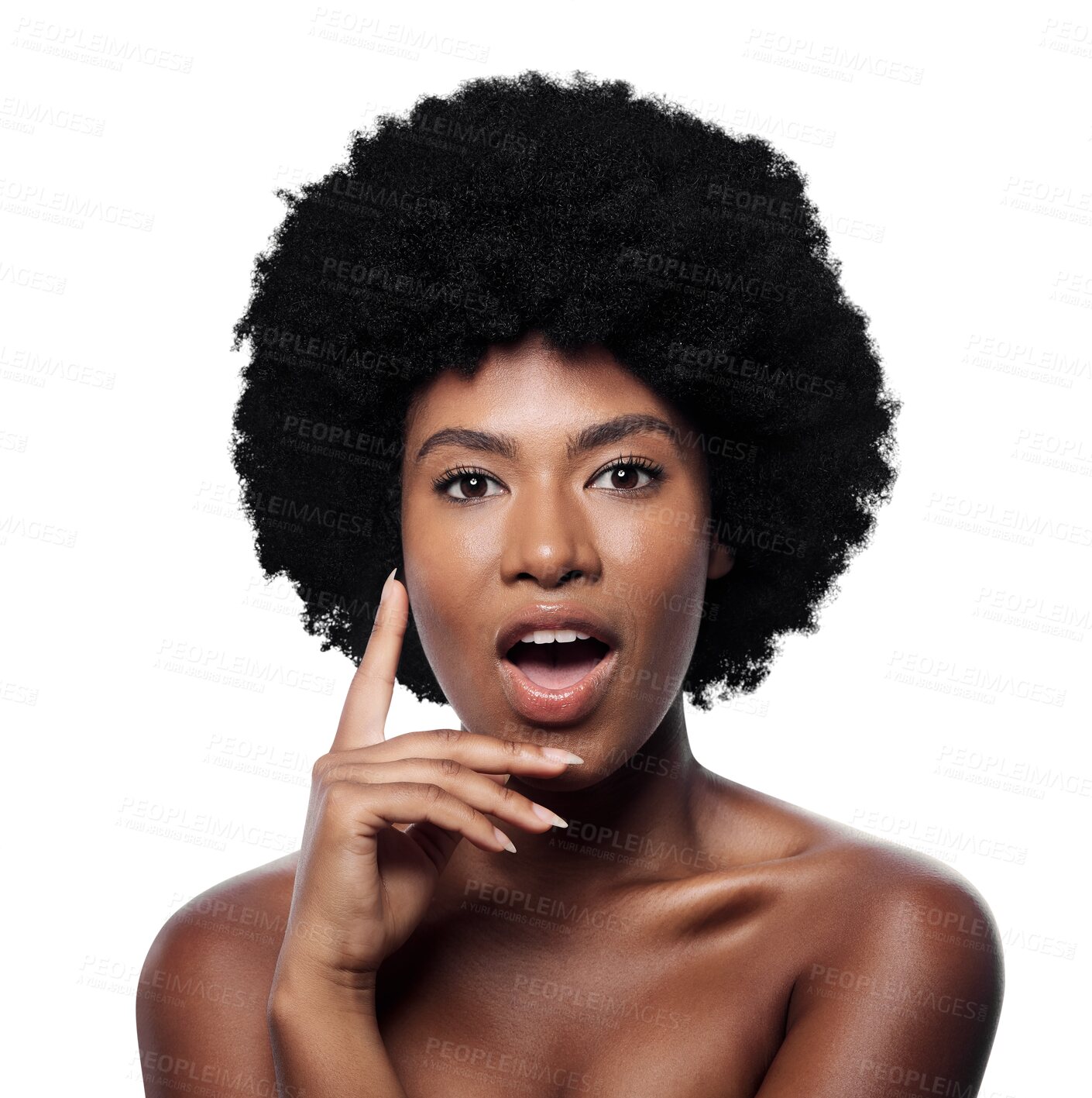 Buy stock photo Portrait, afro and black woman with skincare, surprise and cosmetics isolated on transparent background. Face, African person and model with wow, shocked and natural beauty with shine, glow and png