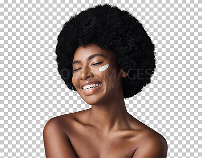 Buy stock photo Black woman, cream and smile with skincare, cosmetics and dermatology isolated on a transparent background. Happy, African person and model with creme, afro and wellness with png, beauty and shine