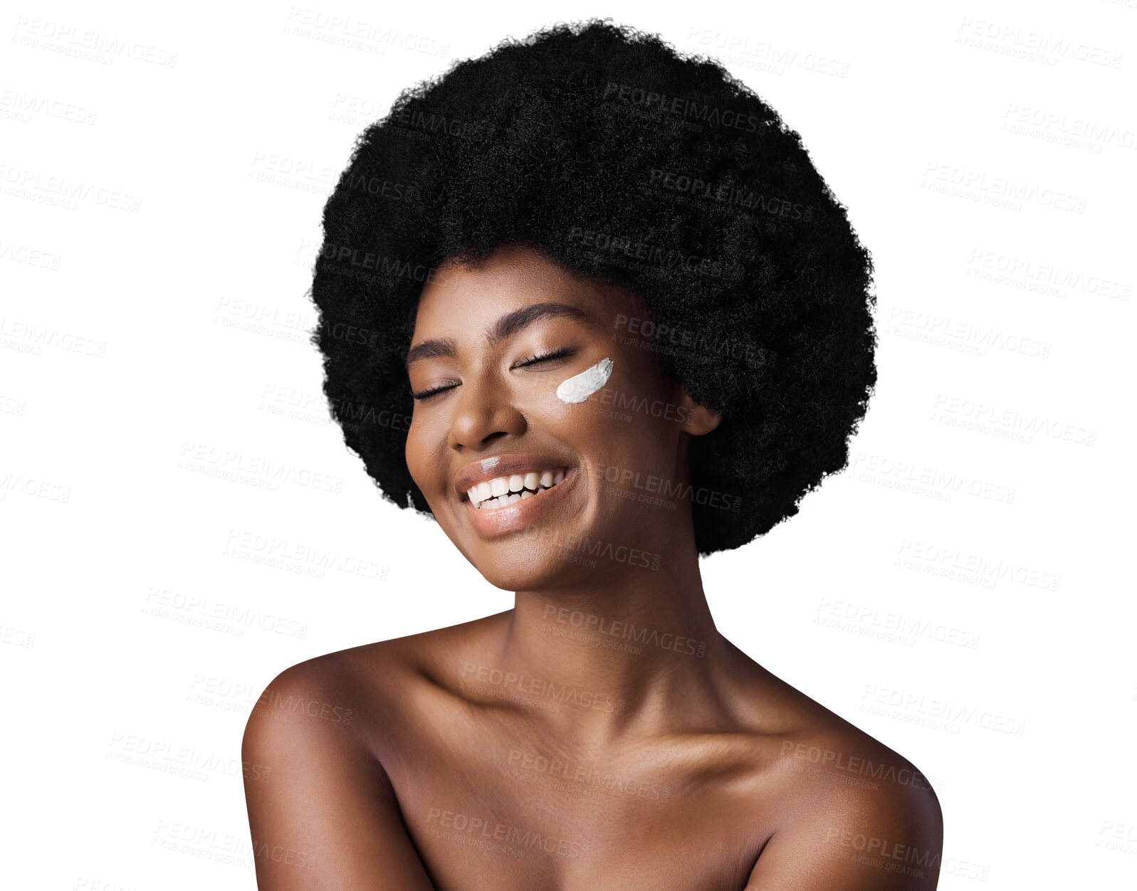 Buy stock photo Black woman, cream and smile with skincare, cosmetics and dermatology isolated on a transparent background. Happy, African person and model with creme, afro and wellness with png, beauty and shine