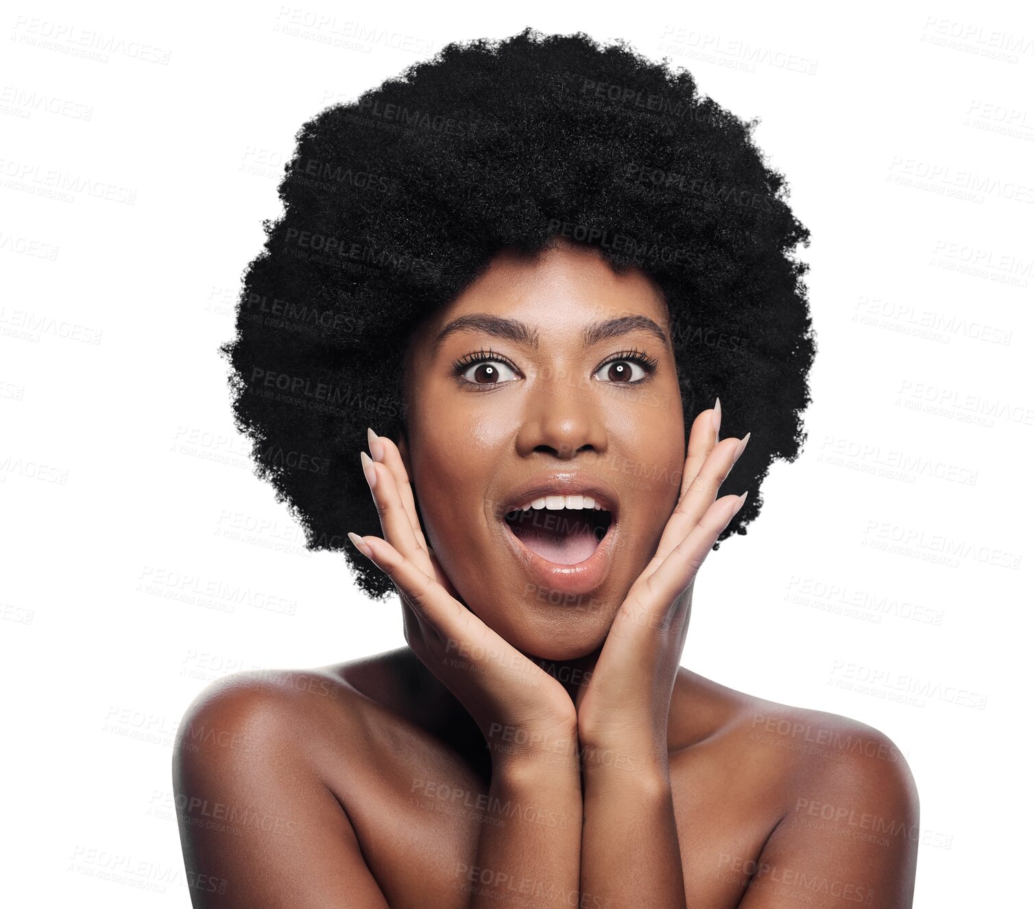 Buy stock photo Isolated African woman, afro hair portrait and wow for makeup, beauty or wellness by transparent png background. Girl, natural hairstyle and surprise model with results, change and transformation