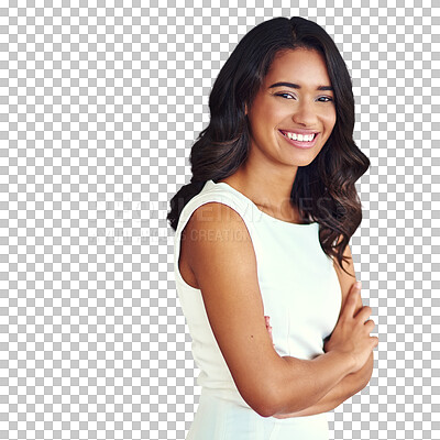 Buy stock photo Portrait, arms crossed and a happy business woman isolated on a transparent background for corporate work. Company, smile or confident with a cheerful young employee on PNG for a professional career