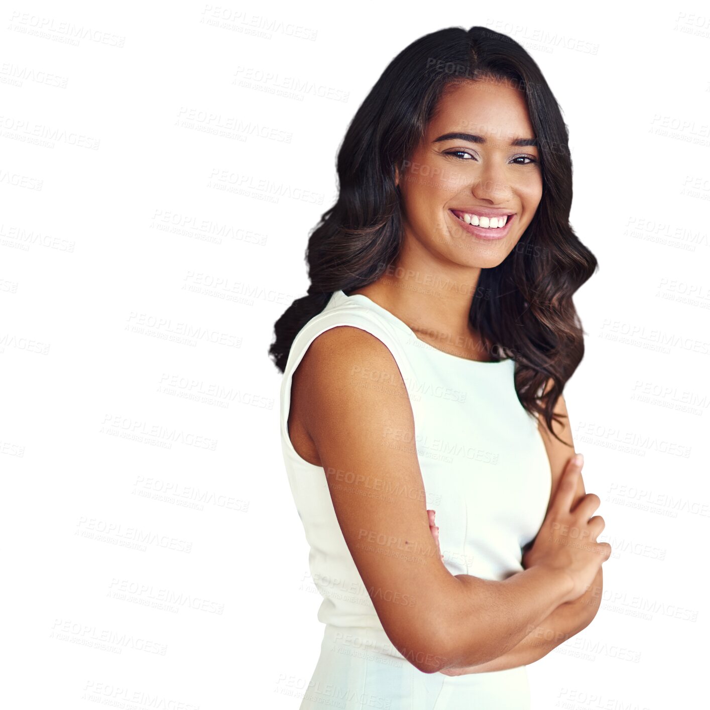 Buy stock photo Portrait, arms crossed and a happy business woman isolated on a transparent background for corporate work. Company, smile or confident with a cheerful young employee on PNG for a professional career