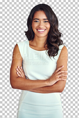 Buy stock photo Portrait, business and a professional indian woman arms crossed isolated on a transparent background for corporate work. Company, smile or happy with a confident young agent on PNG for her career