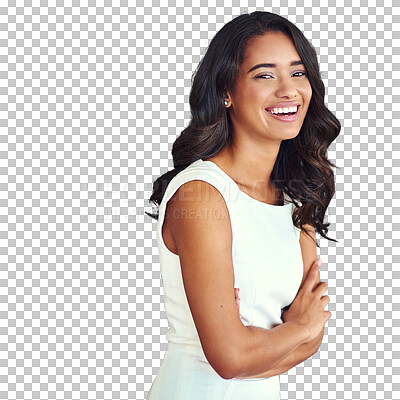 Buy stock photo Portrait, comedy and a business woman arms crossed isolated on a transparent background for corporate work. Company, funny or laughing with a confident young employee on PNG as a professional