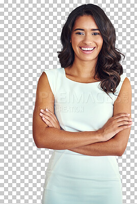 Buy stock photo Portrait, empowerment and a business woman arms crossed isolated on transparent background for corporate work. Company, smile or girl power career with a happy young employee on PNG as a professional