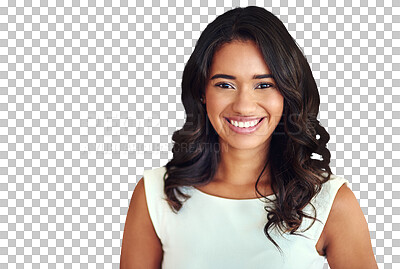 Buy stock photo Business, confidence and portrait of Indian woman isolated on transparent png background with fashion. Businesswoman, secretary or receptionist with professional career, smile and work pride.