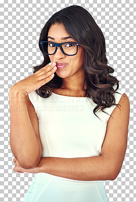 Buy stock photo Business, surprise and portrait of happy woman in glasses isolated on transparent png background. Businesswoman, secretary or receptionist with professional career, smile and gossip at startup job