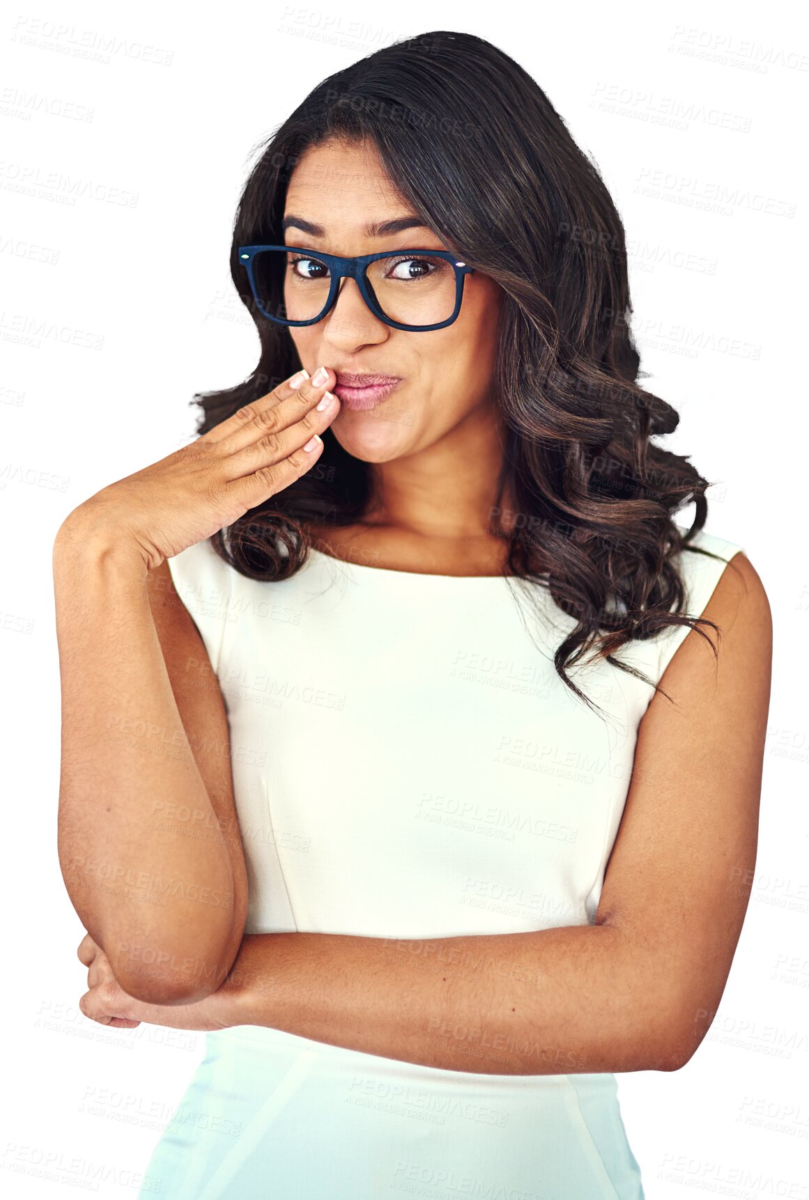 Buy stock photo Business, surprise and portrait of happy woman in glasses isolated on transparent png background. Businesswoman, secretary or receptionist with professional career, smile and gossip at startup job