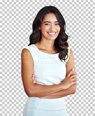 Buy stock photo Portrait, smile and a business indian woman arms crossed isolated on a transparent background for corporate work. Company, agency and career with a happy young employee on PNG as a professional