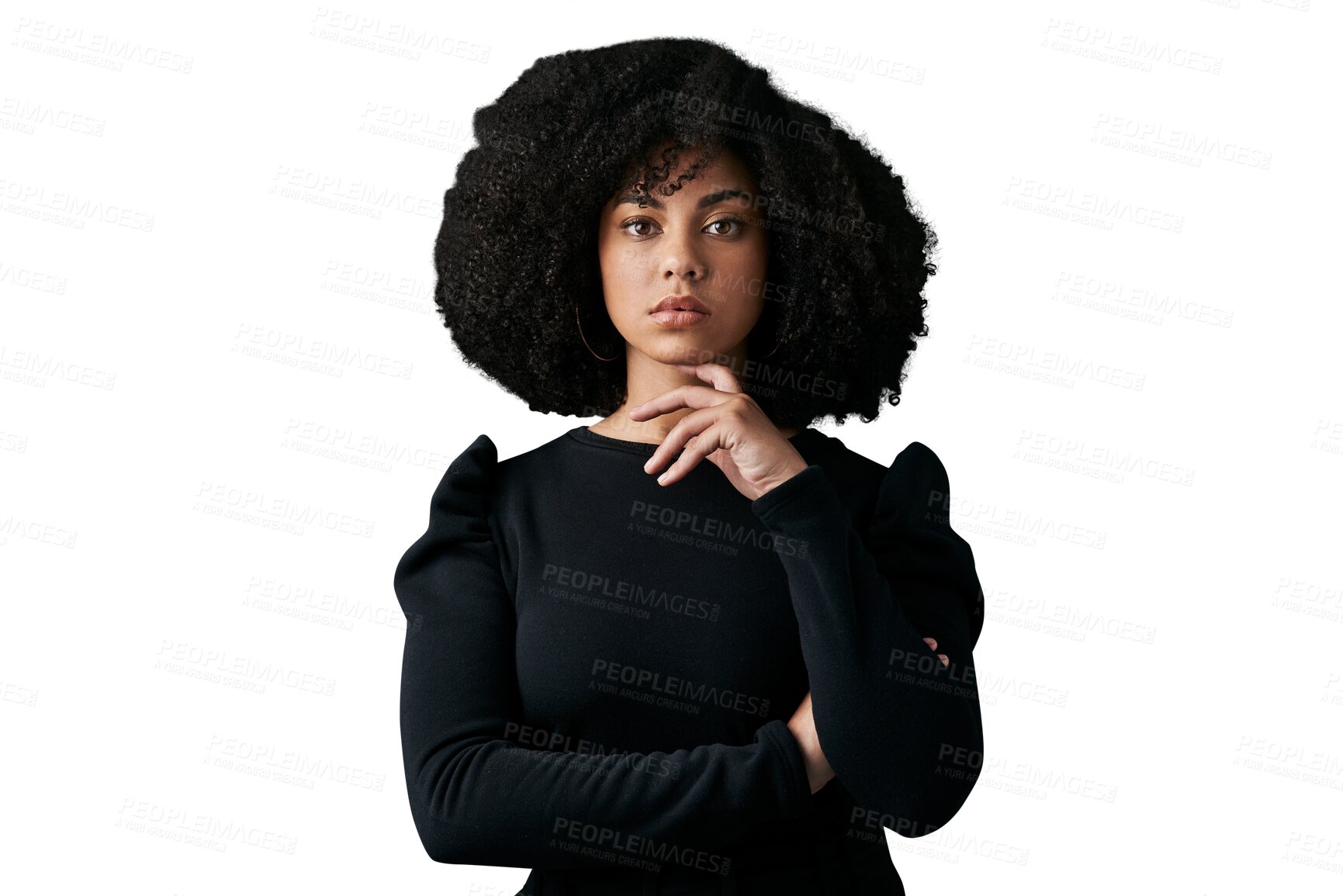 Buy stock photo Woman, confidence and fashion in portrait, stylish clothing and afro or isolated on transparent png background. Black female person, face and pride for outfit, elegant and beauty or glamour aesthetic