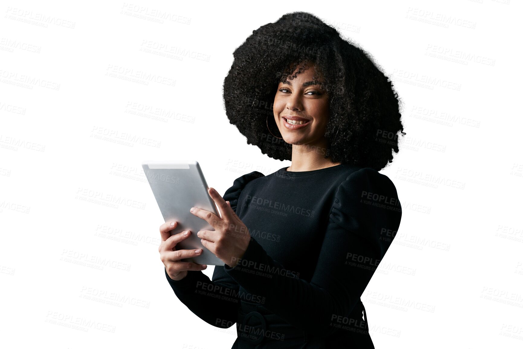 Buy stock photo Tablet, happy portrait and business woman with online schedule, social network data or smile for web career. Media management, job experience and African agent isolated on transparent, png background