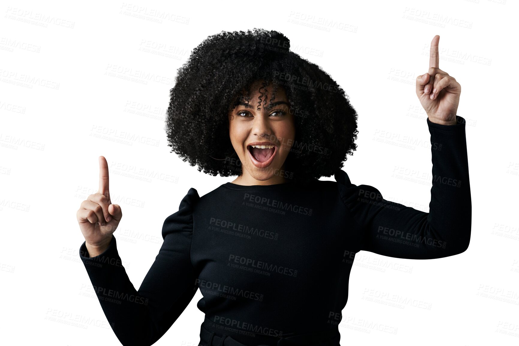 Buy stock photo Portrait, pointing up and woman with business, surprise and employee isolated on transparent background. Face, person and promotion with hand gesture, shocked and presentation with png or opportunity