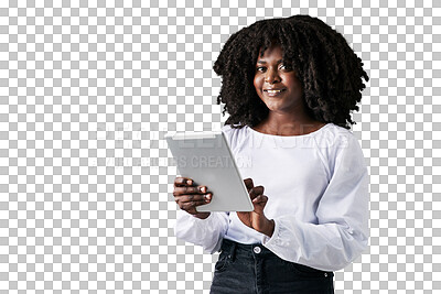 Buy stock photo Tablet, research portrait or professional black woman with online feedback, project data or web info. Management, social media job experience or African person isolated on transparent, png background