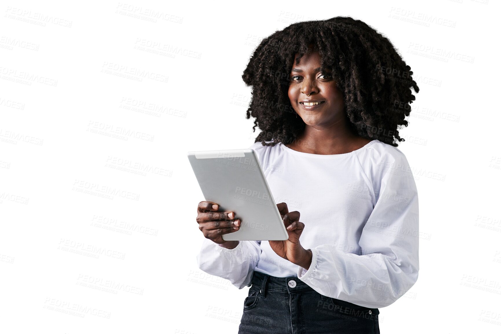 Buy stock photo Tablet, research portrait or professional black woman with online feedback, project data or web info. Management, social media job experience or African person isolated on transparent, png background