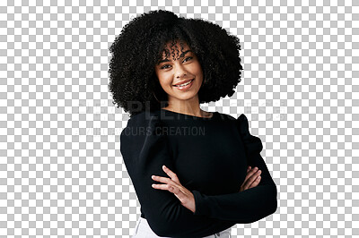 Buy stock photo Portrait, smile and a corporate black woman arms crossed isolated on a transparent background for work. Business, career and confident with a happy young employee on PNG as a positive professional